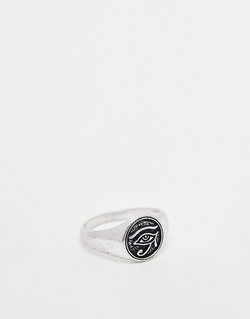 signet ring with Eye of Horus design in silver tone