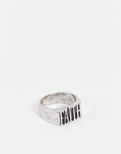ASOS DESIGN signet ring with faith text in burnished silver tone