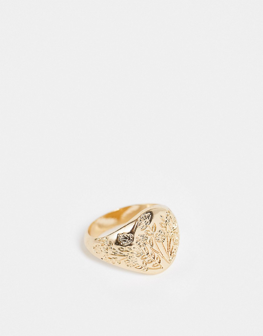 ASOS DESIGN signet ring with flower drawing design in gold tone