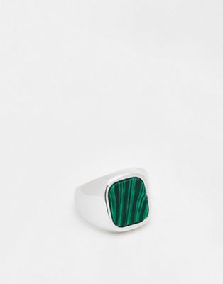 ASOS DESIGN signet ring with green malachite semi precious stone in silver tone - ASOS Price Checker