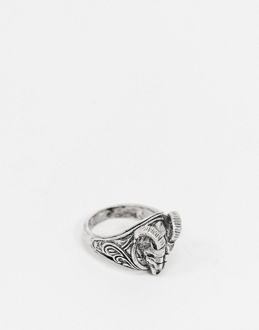 ASOS DESIGN signet ring with rams head in burnished silver tone