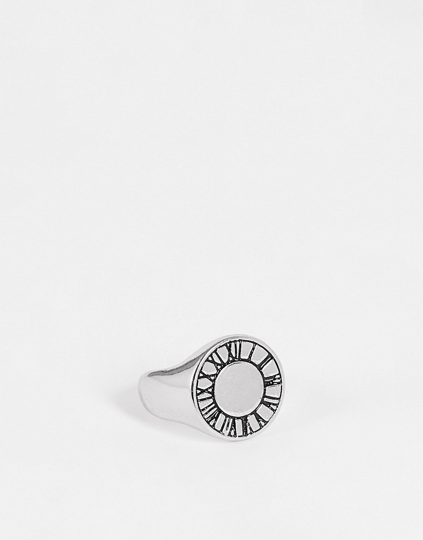 ASOS DESIGN signet ring with roman numerals in silver tone