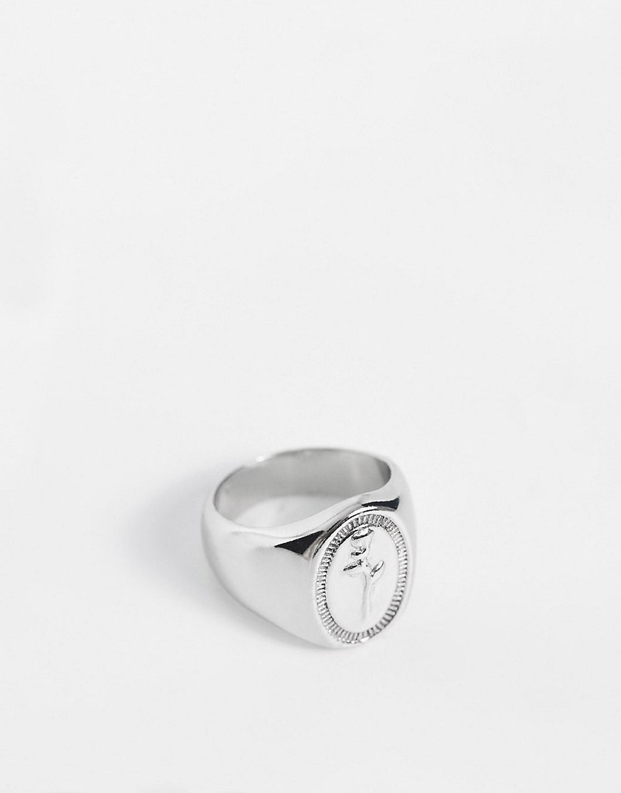 ASOS DESIGN signet ring with rose in silver tone