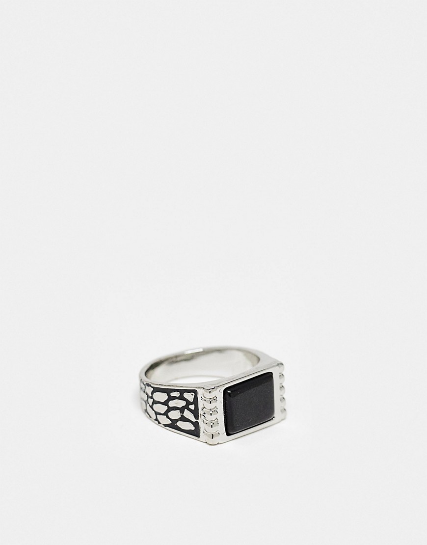 ASOS DESIGN signet ring with semi precious black agate stone in burnished silver tone