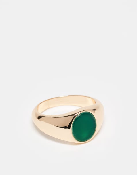 ASOS DESIGN signet ring with semi precious emerald stone in gold tone - view 1