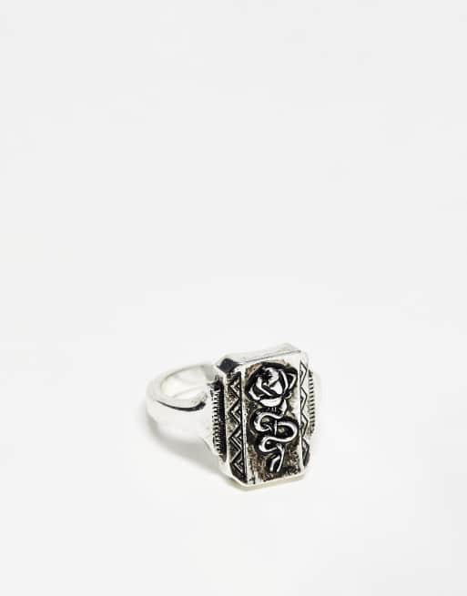 ASOS DESIGN signet ring with snake and rose design in silver tone