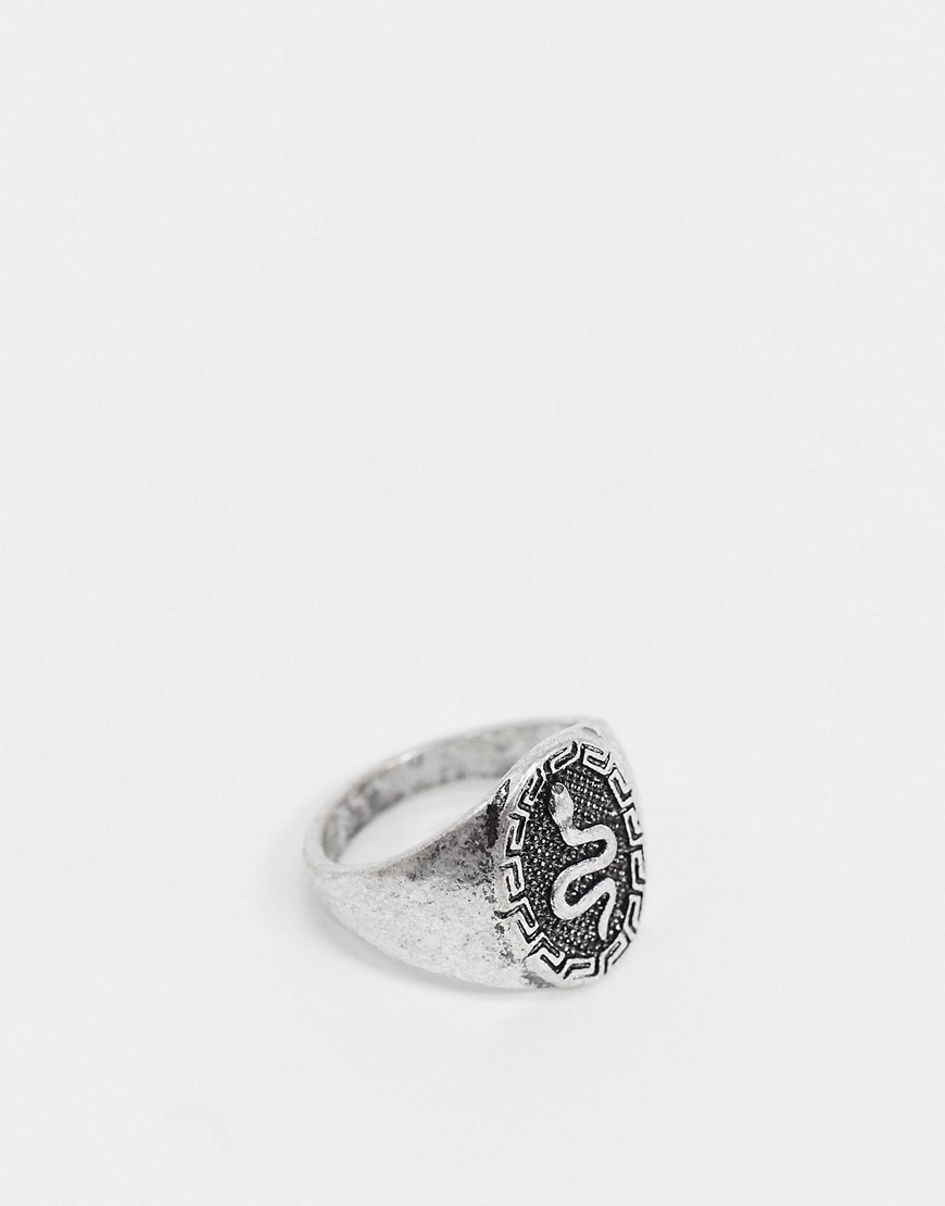 ASOS DESIGN signet ring with snake design in silver tone