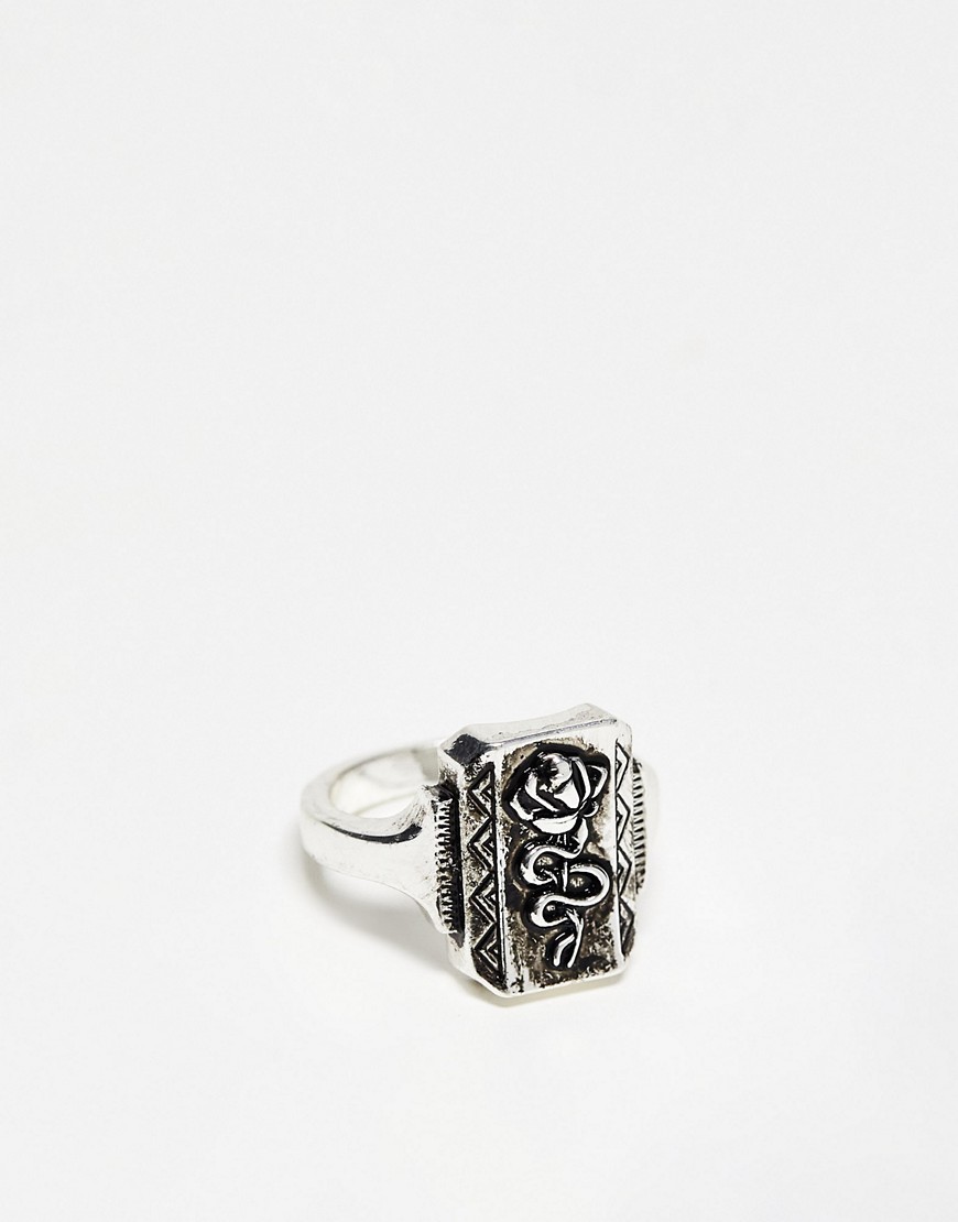 ASOS DESIGN signet with snake and rose design in silver tone