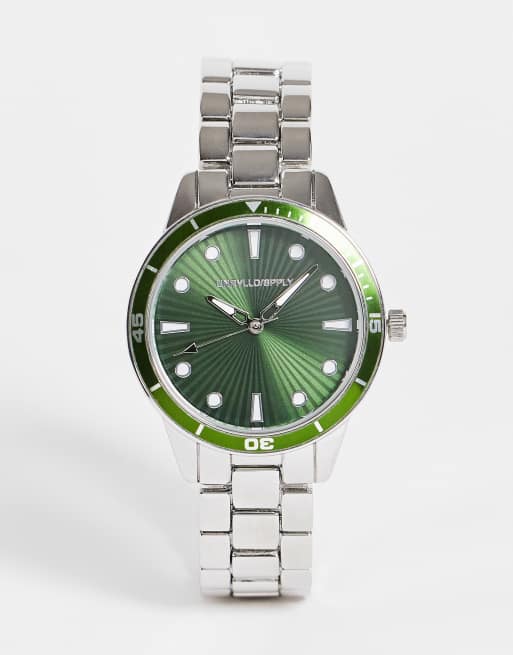 ASOS DESIGN – Silberfarbene Armbanduhr mit dunkelgrünem Zifferblatt