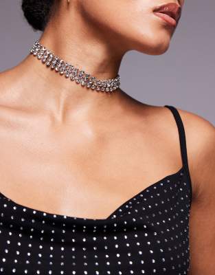 ASOS DESIGN - Silberfarbene Choker-Halskette in Silber mit runden Schmucksteingliedern