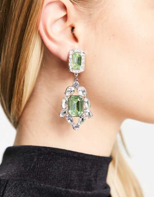 ASOS DESIGN – Silberfarbene Clip-on-Ohrringe mit Kristall-Doppeltropfen in Grün