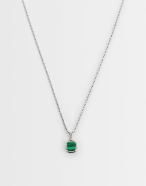 ASOS DESIGN – Silberfarbene Halskette aus wasserfestem Edelstahl mit eckigem Malachit-Anhänger - view 1