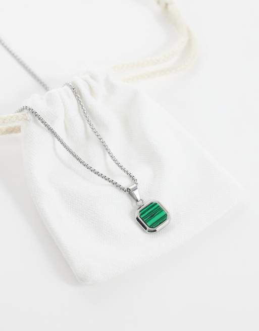 ASOS DESIGN – Silberfarbene Halskette aus wasserfestem Edelstahl mit eckigem Malachit-Anhänger, 4 von 4