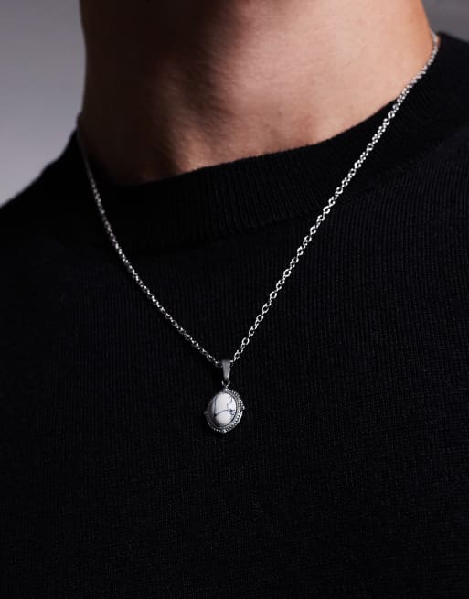 ASOS DESIGN – Silberfarbene Halskette aus wasserfestem Edelstahl mit ovalem Anhänger mit Perlmuttdetail