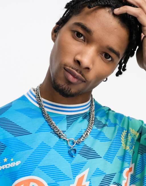 ASOS DESIGN – Silberfarbene Halskette mit dicken Gliedern und Herz-Schmucksteinanhänger in Blau