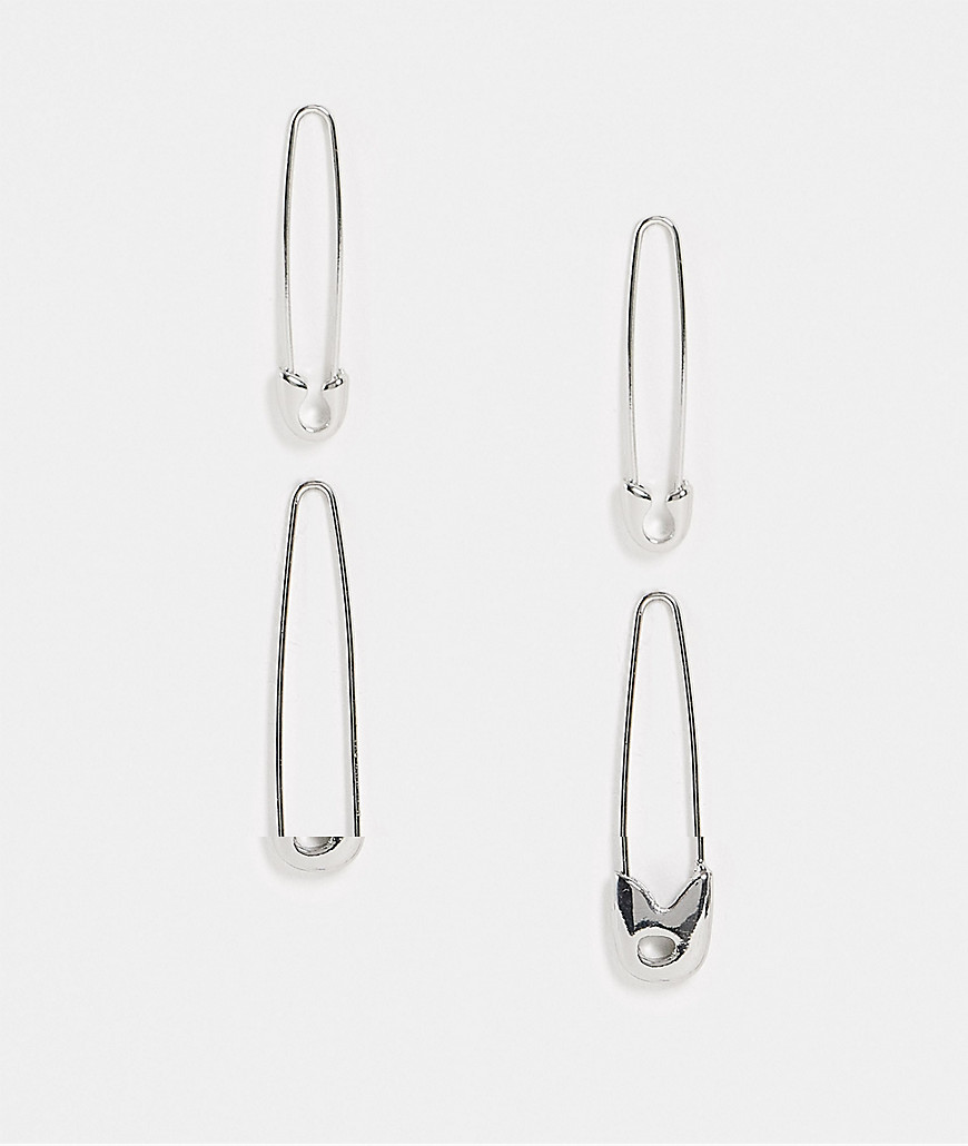 ASOS DESIGN – Silberfarbene Ohrringe im Sicherheitsnadeldesign im 2er-Pack