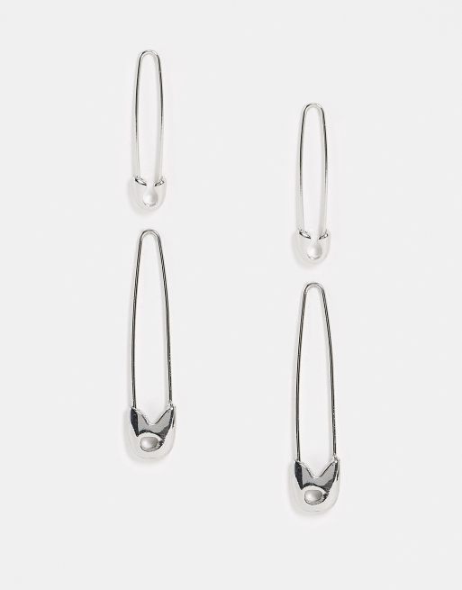 ASOS DESIGN – Silberfarbene Ohrringe im Sicherheitsnadeldesign im 2er-Pack