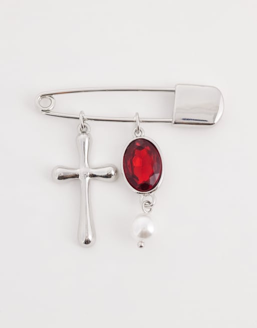 ASOS DESIGN – Silberfarbene Sicherheitsnadel-Brosche mit Kreuz und Stein, 2 von 3