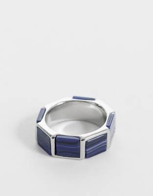 Silberfarbener, eckiger Ring mit Lapislazuli-Imitat in Blau Silber 2XL