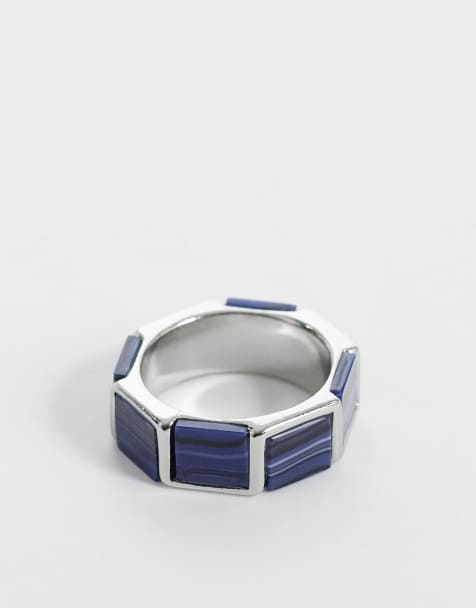 ASOS DESIGN – Silberfarbener, eckiger Ring mit Lapislazuli-Imitat in Blau - view 1
