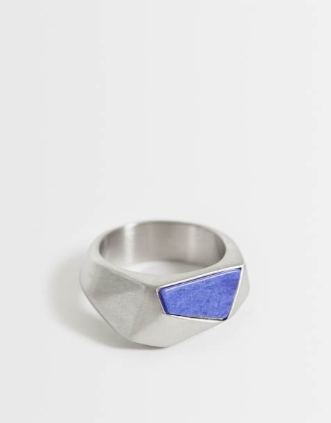 ASOS DESIGN – Silberfarbener Ring aus wasserfestem Edelstahl mit geometrischem Lapislazuli-Schmuckstein - view 1