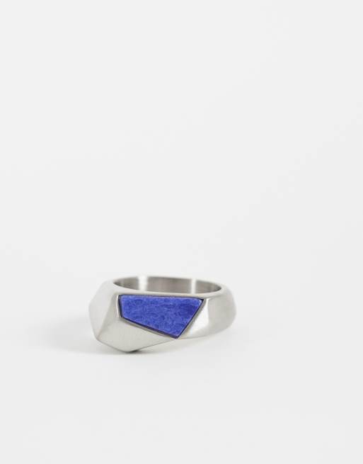 ASOS DESIGN – Silberfarbener Ring aus wasserfestem Edelstahl mit geometrischem Lapislazuli-Schmuckstein, 3 von 3