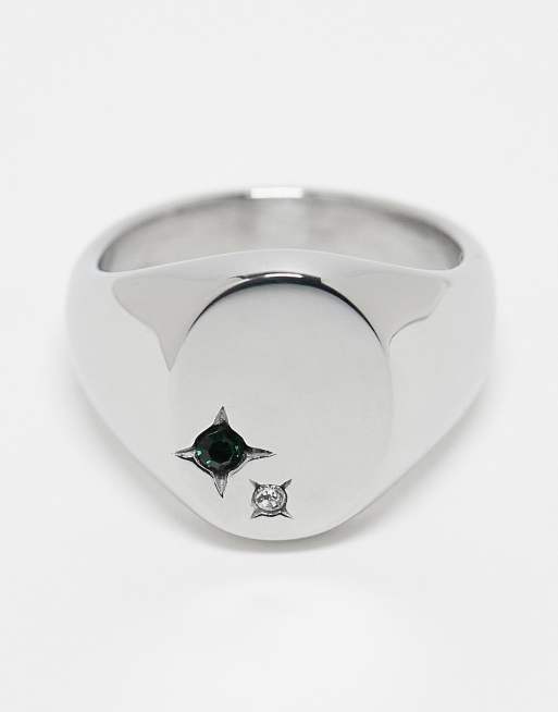 ASOS DESIGN – Silberfarbener Siegelring aus Edelstahl mit grünem Strassstein, 2 von 3