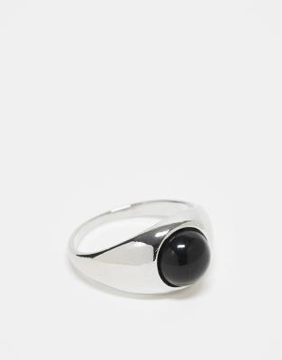 ASOS DESIGN – Silberfarbener Siegelring aus schwarzem Achat-Halbedelstein - view 1