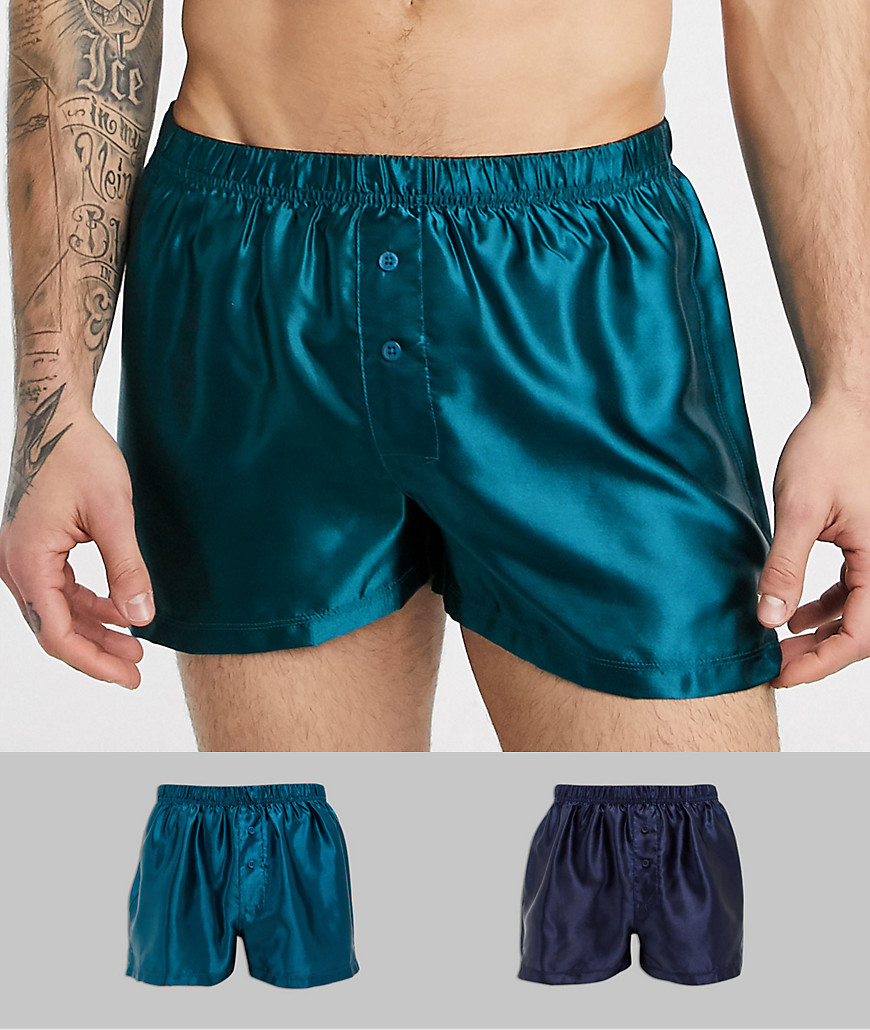 ASOS DESIGN silky boxers in navy and teal 2 pack-Multi