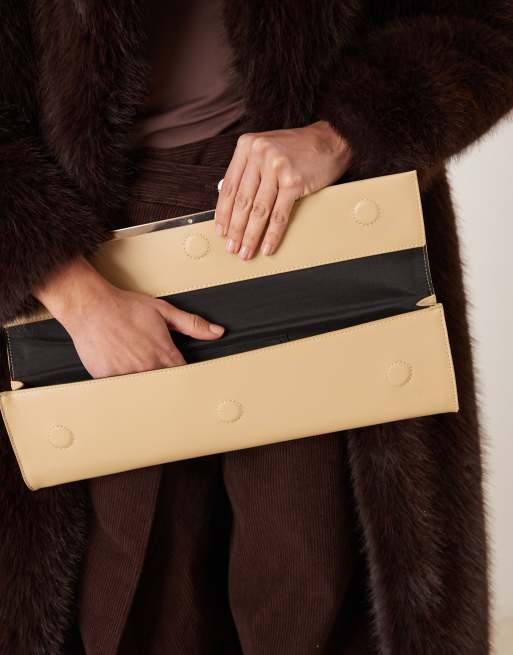ASOS DESIGN silm elongated clutch bag with bar detail in buttermilk, 3 of 4