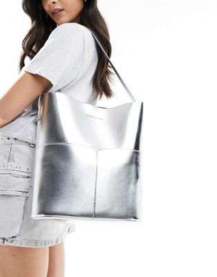 silver bonded tote bag with pockets