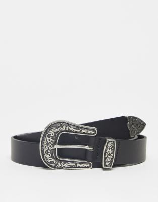 ASOS DESIGN silver buckle leather western belt in black  | ASOS