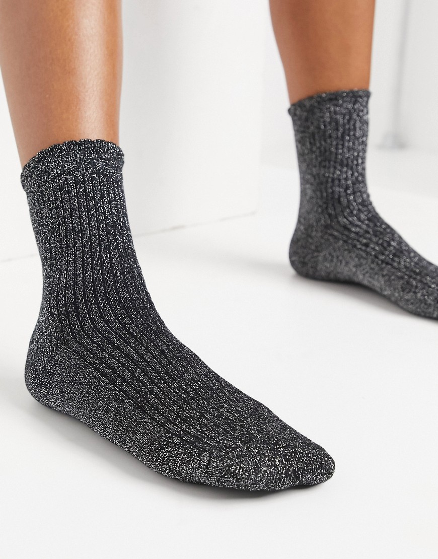ASOS DESIGN silver glitter ankle socks with scallop edge in black