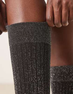 Asos Design Silver Glitter Fine Ribbed Knee High Socks In Gray