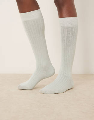 Asos Design Silver Glitter Fine Ribbed Knee High Socks In White