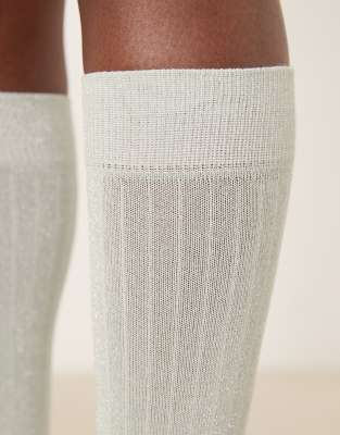 Asos Design Silver Glitter Fine Ribbed Knee High Socks In White