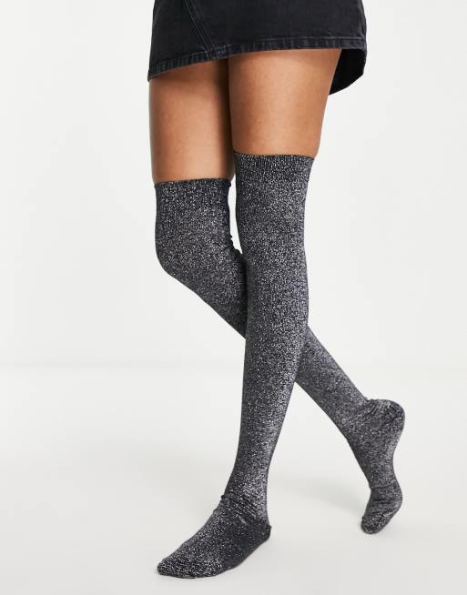 ASOS DESIGN silver glitter over the knee socks in black