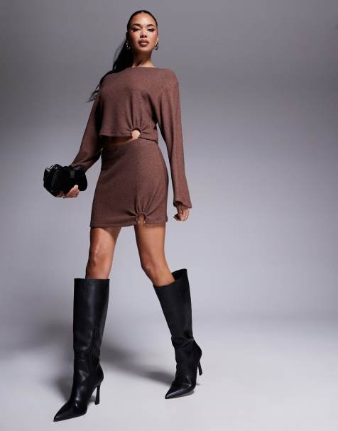 ASOS DESIGN silver hardware knit top and skirt set in brown - view 1