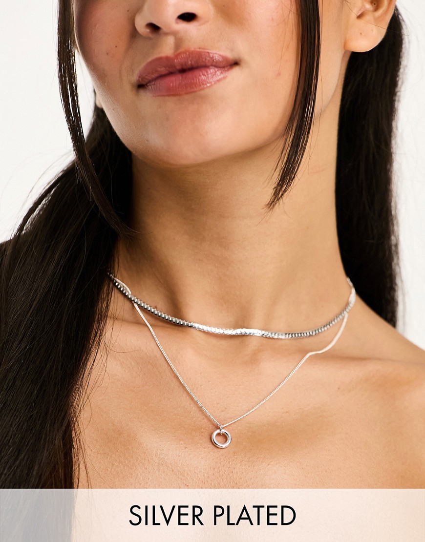 ASOS DESIGN silver plate multirow necklace with circle pendant