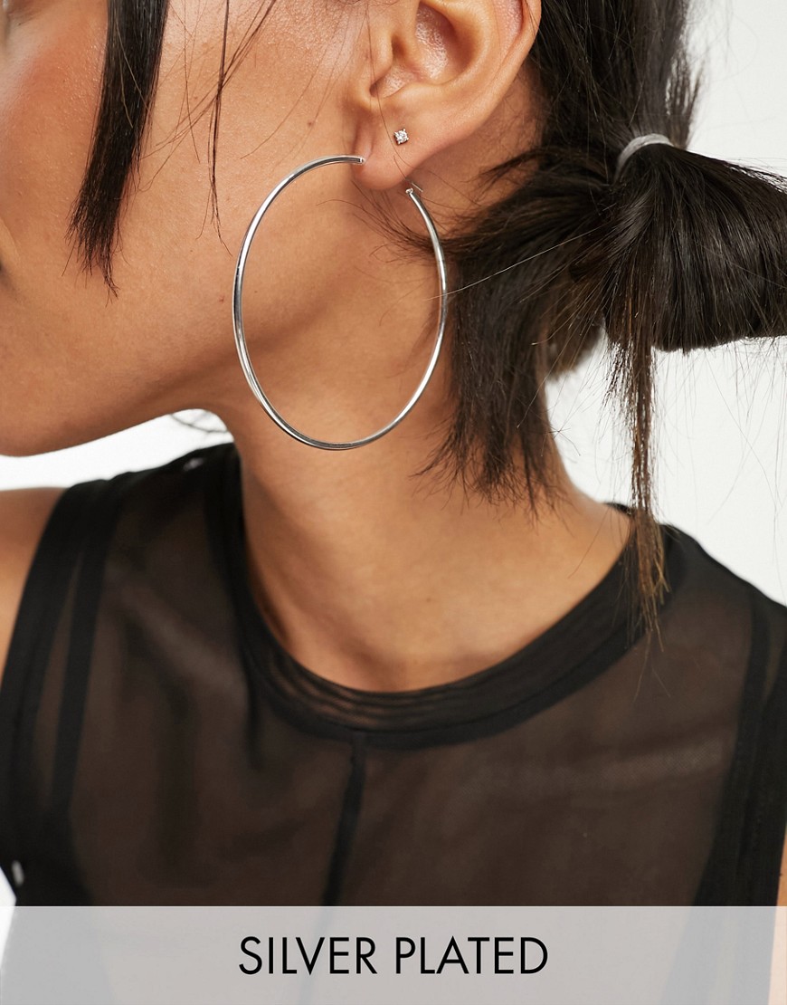 ASOS DESIGN silver plated 65mm skinny hoop earrings