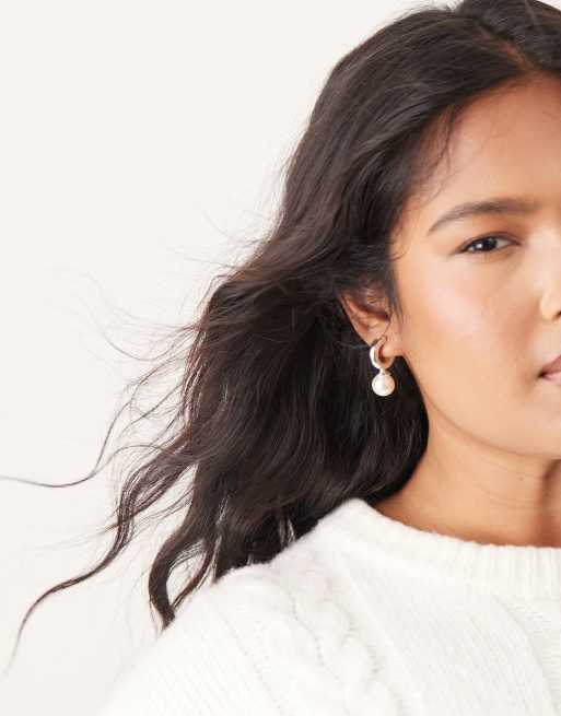 ASOS DESIGN silver plated drop hoop earrings with faux pearl detail, 2 of 3