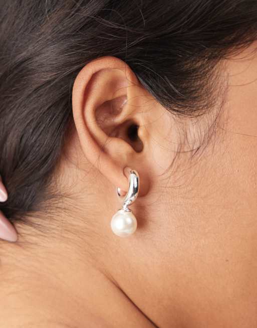 ASOS DESIGN silver plated drop hoop earrings with faux pearl detail, 3 of 3