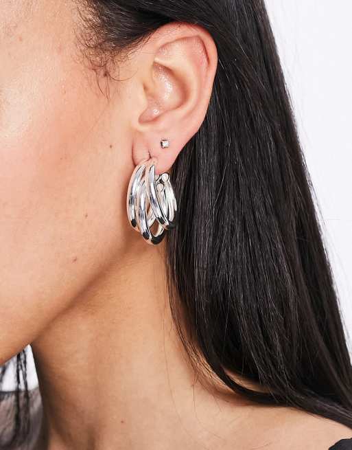 Asos Design Silver Plated Hoop Earrings In Triple Row Asos