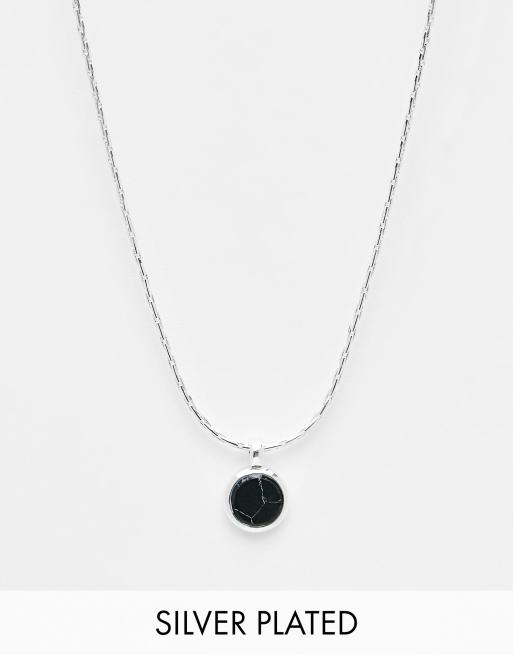 ASOS DESIGN silver plated necklace with black semi precious pendant 