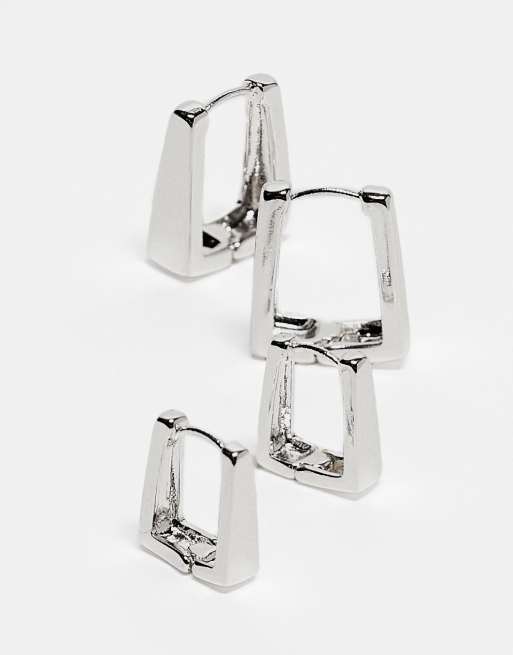 ASOS DESIGN silver plated pack of 2 hoop earrings with square hinge detail, 2 of 4
