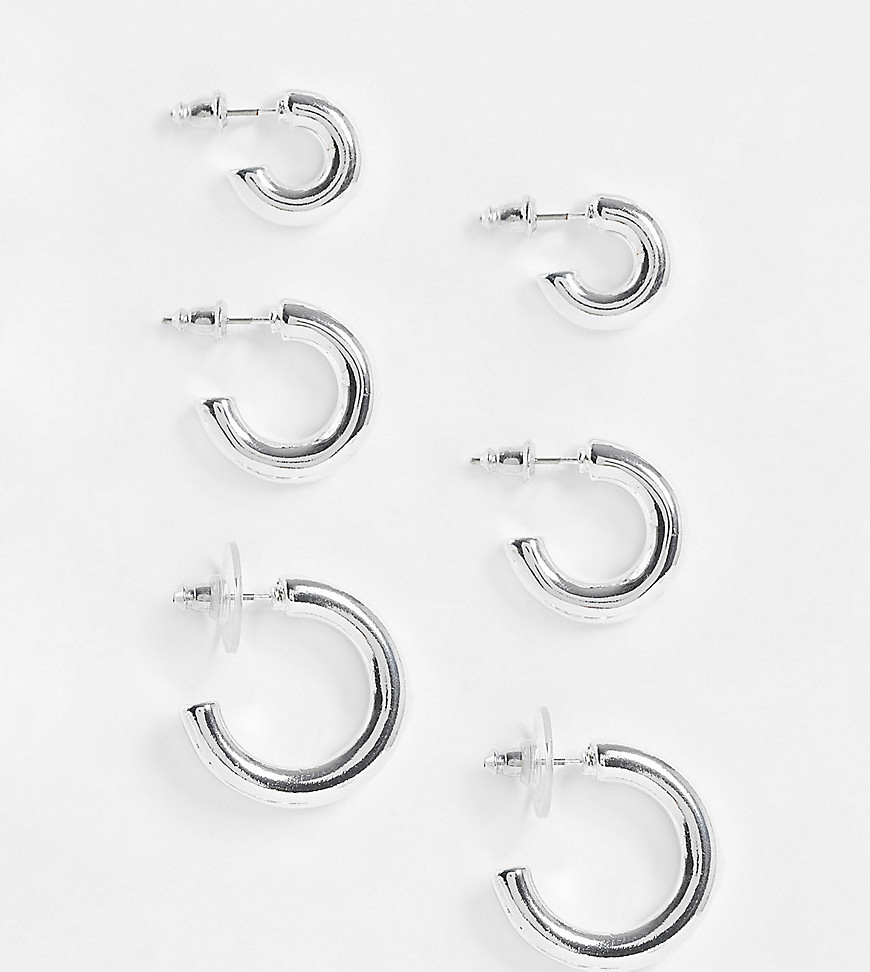 ASOS DESIGN silver plated pack of 3 everyday hoop earrings