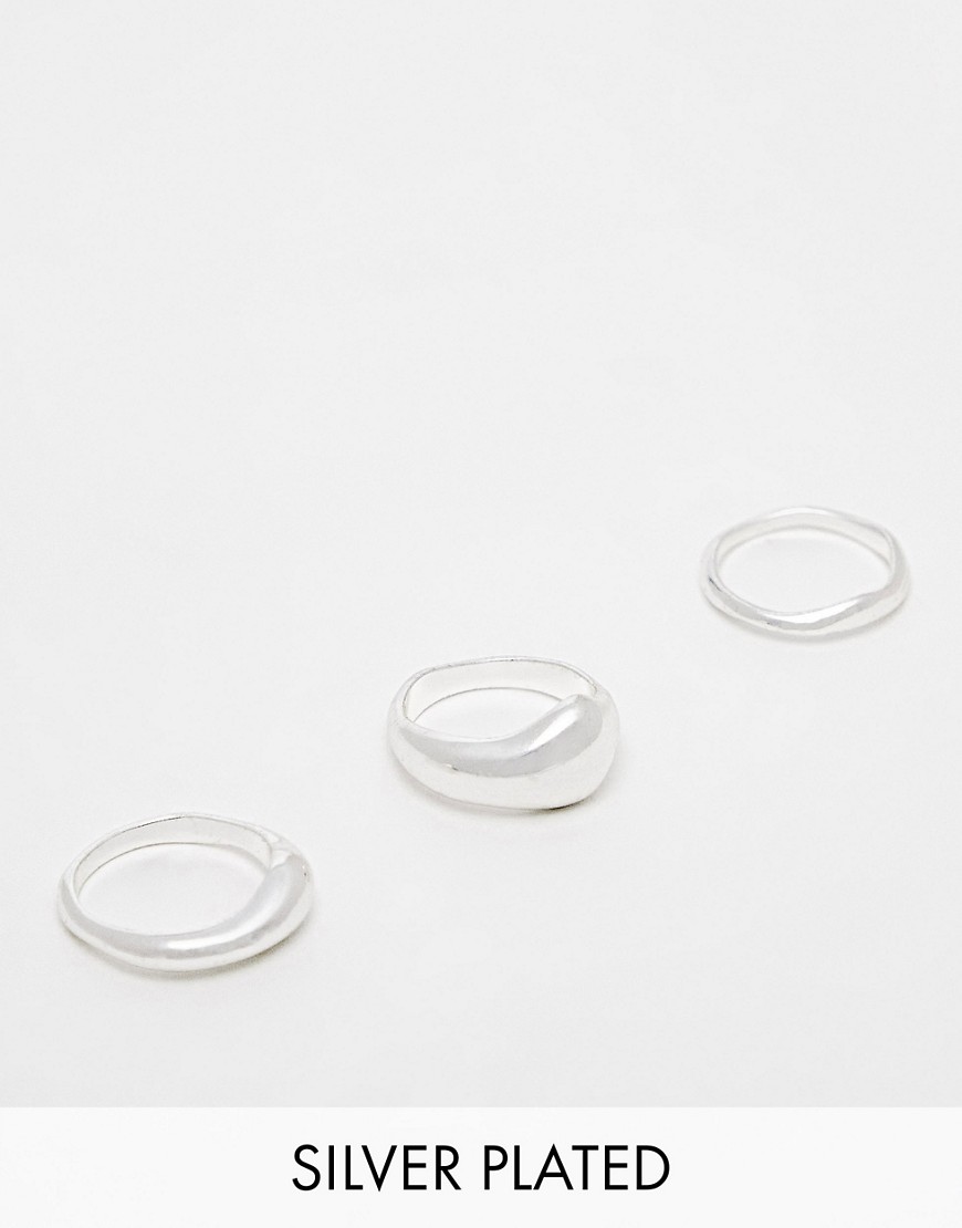 ASOS DESIGN silver plated pack of 3 rings with molten design