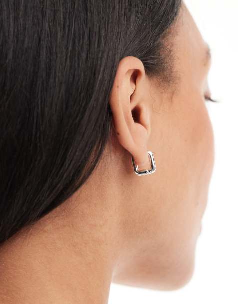 ASOS DESIGN silver plated with huggie hoop earrings in square design - view 1