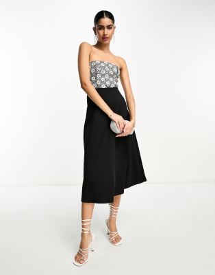 Asos Design Silver Sequin Embellished Bandeau Skater Midi Dress In Black