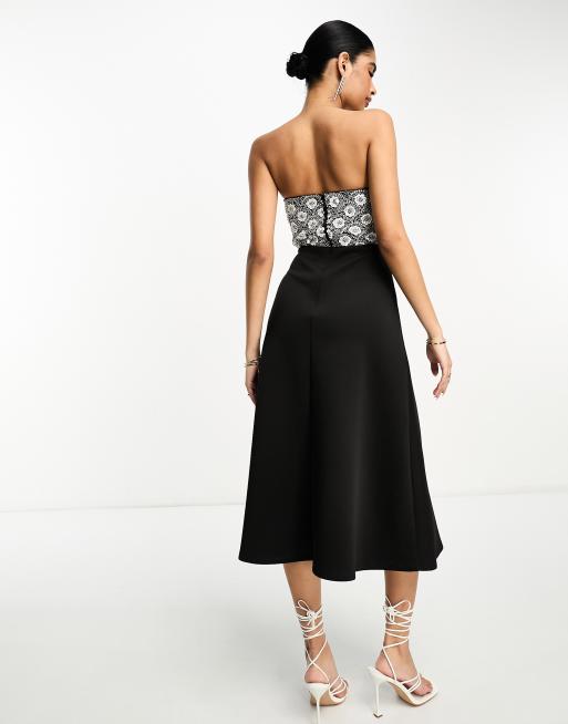 Premium black sequin embroidered bandeau hot sale midi dress